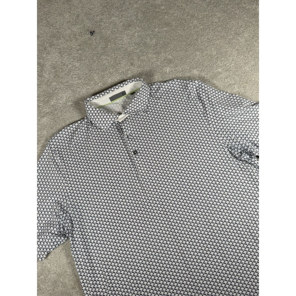Tasc Performance Polo Shirt Mens L White Geometric All Over Print Golf Modal